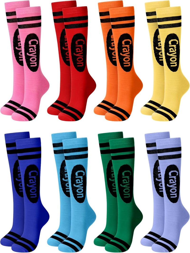 Glitopper 8 Pairs Colorful Crayon Knee High Socks Pencil Crayon Socks for Women Girl Teacher Costume School Supply - Image 1
